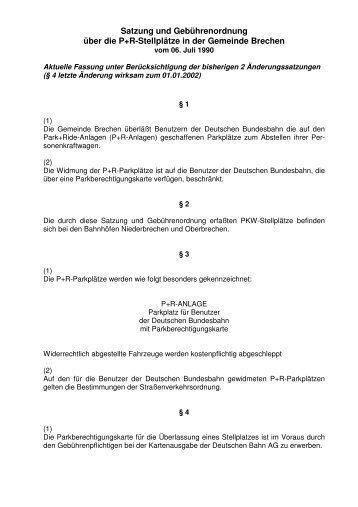 Satzung und Gebührenordnung über die P+R-Stellplätze in der ...