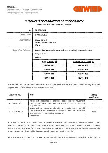 SUPPLIER'S DECLARATION OF CONFORMITY - Gewiss