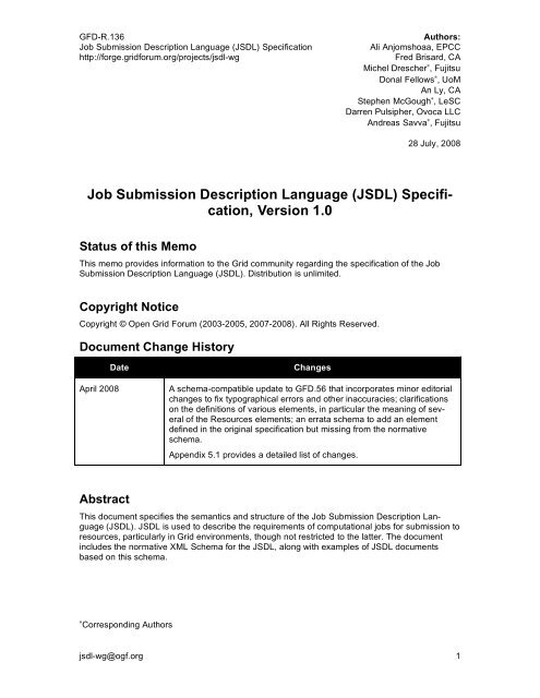 Job Submission Description Language Jsdl Open Grid Forum