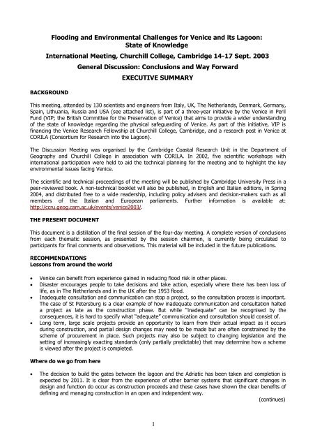 Draft Conclusions: Cambridge Executive Summary (October 2003)