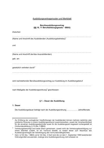 Ausbildungsvertragsmuster und Merkblatt