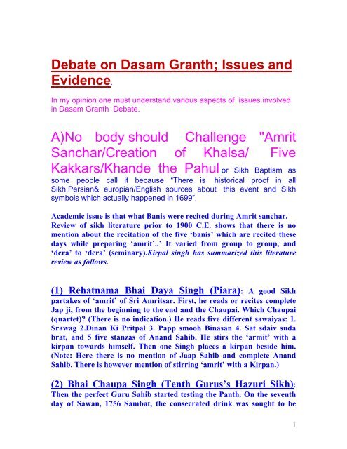 Debate on Dasam Granth; Issues and Evidence - Global Sikh Studies