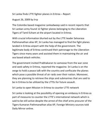 Sri Lanka finds LTTE fighter planes in Eritrea ... - Gereger.com