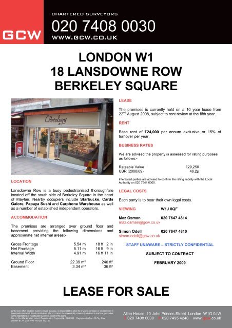 london w1 18 lansdowne row berkeley square lease for sale - GCW