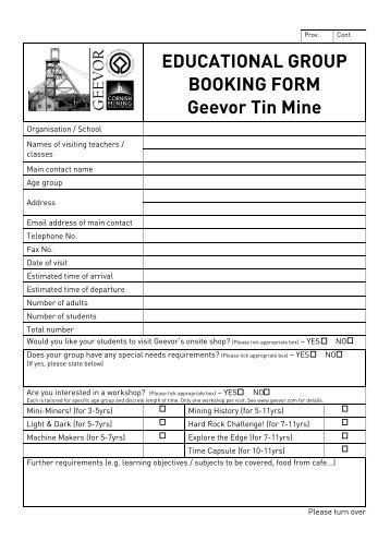 Educational Group Booking Form Jul2011 - Geevor Tin Mine