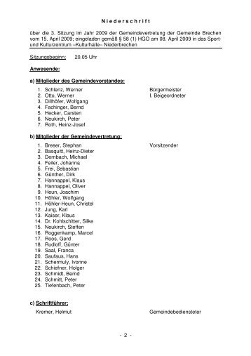 Protokoll der Gemeindevertretersitzung vom 15.04.2009