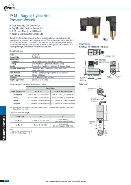 Rugged Cylindrical Pressure Switch Gems PS75-70-4MNZ-C-HCR