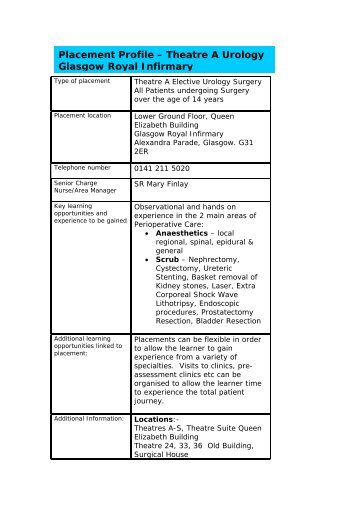 Placement Profile – Theatre A Urology Glasgow Royal Infirmary