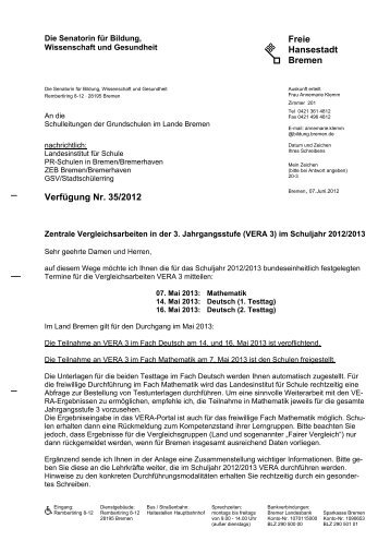 VERA-3 Termine 2013 (pdf, 94 kB) - Die Senatorin für Bildung und ...