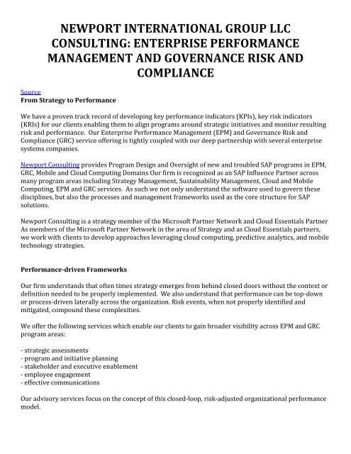 Newport International Group LLC Consulting: Enterprise Performance Management and Governance Risk and Compliance