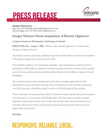 Integra Telecom Closes Acquisition of Electric Lightwave