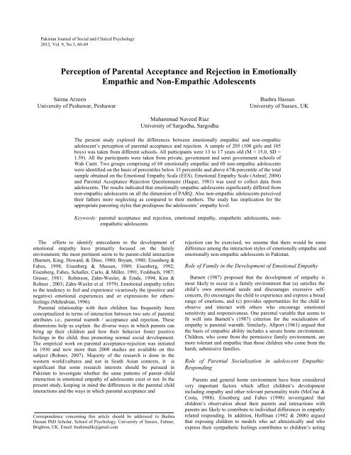 Perception of Parental Acceptance and Rejection in Emotionally ...