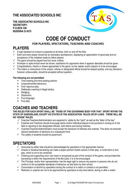 Code of Conduct and Uniform for TAS Sport - Faith Lutheran College