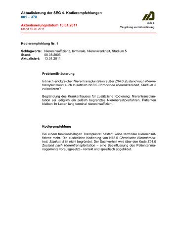 DRG-Kodierempfehlungen (MDK) - Update 13.01.2011