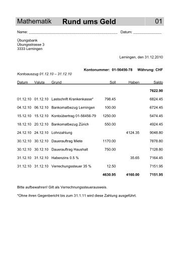 Mathematik Rund ums Geld - Gegenschatz.net