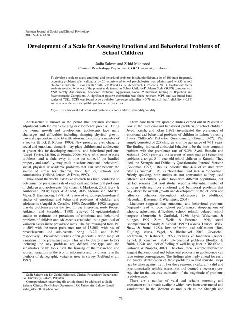Development of a Scale for Assessing Emotional and Behavioral ...