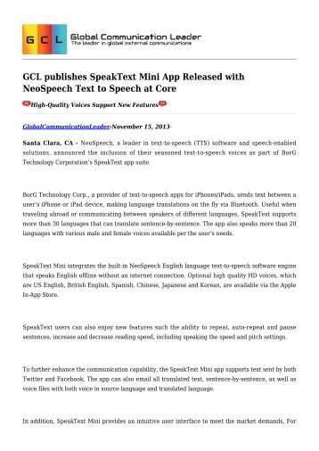 GCL publishes SpeakText Mini App Released with NeoSpeech Text to Speech at Core