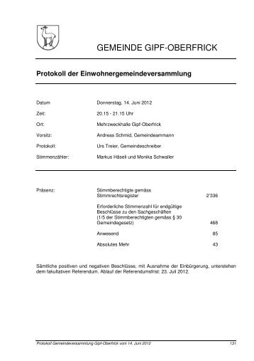 Protokoll der Einwohnergemeindeversammlung - Gemeinde Gipf ...