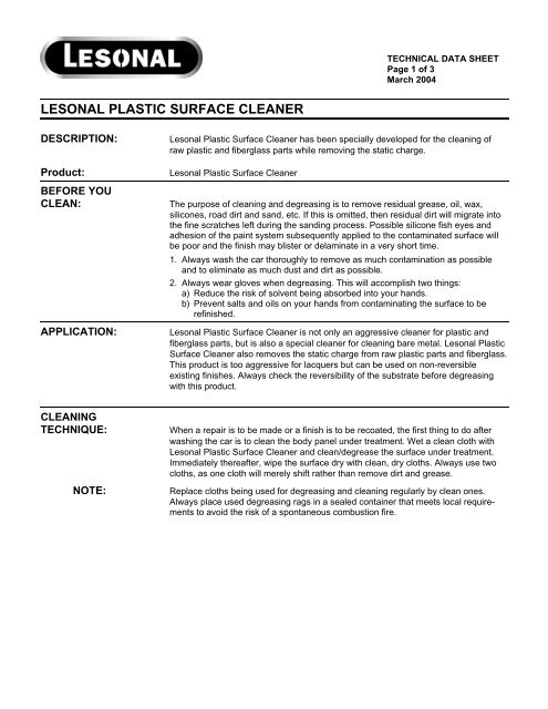 LESONAL PLASTIC SURFACE CLEANER - Globalsafetynet.com