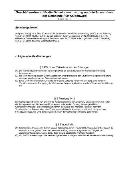Geschäftsordnung für die Gemeindevertretung und die ... - Fürth