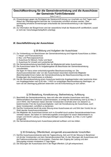 Geschäftsordnung für die Gemeindevertretung und die ... - Fürth