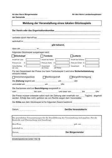 Meldung/Protokoll der Veranstaltung eines lokalen Glückspieles