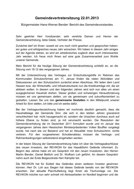 Bericht Gemeindevorstand GVe Sitzung am 22.01 ... - Gemeinde Sinn