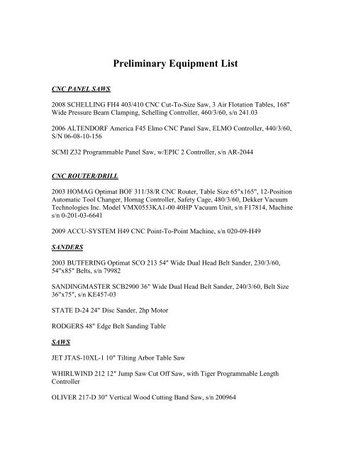 Preliminary Equipment List