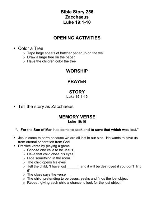 Bible Story 256 Zacchaeus Luke 19:1-10 OPENING ACTIVITIES ...