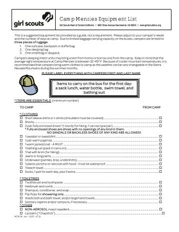 Camp Menzies Equipment List - Girl Scouts Heart Of Central California