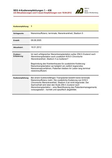 DRG-Kodierempfehlungen (MDK) - Stand 19.04.2012