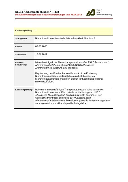 DRG-Kodierempfehlungen (MDK) - Stand 19.04.2012