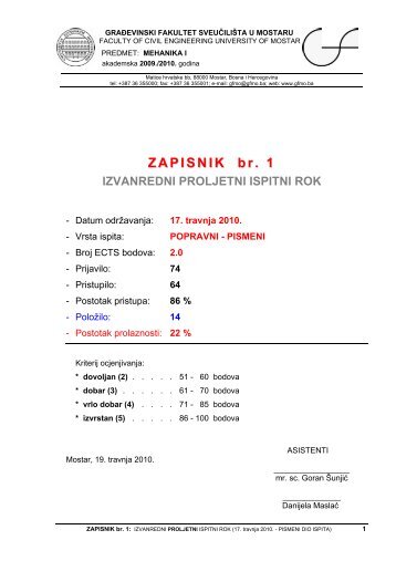 Zapisnik br. 1 s popravnog - Građevinski fakultet