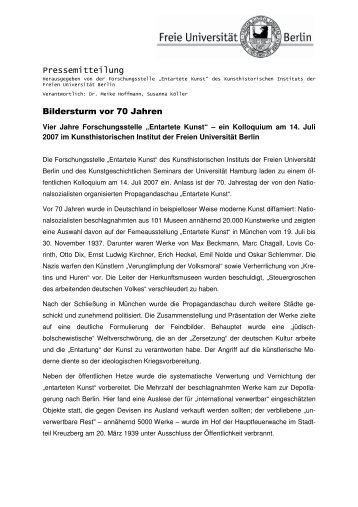 Pressemitteilung Bildersturm vor 70 Jahren - Freie Universität Berlin