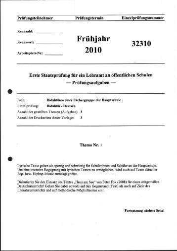 Staatsexamensklausur, Fächergruppendidaktik, Frühjahr 2010
