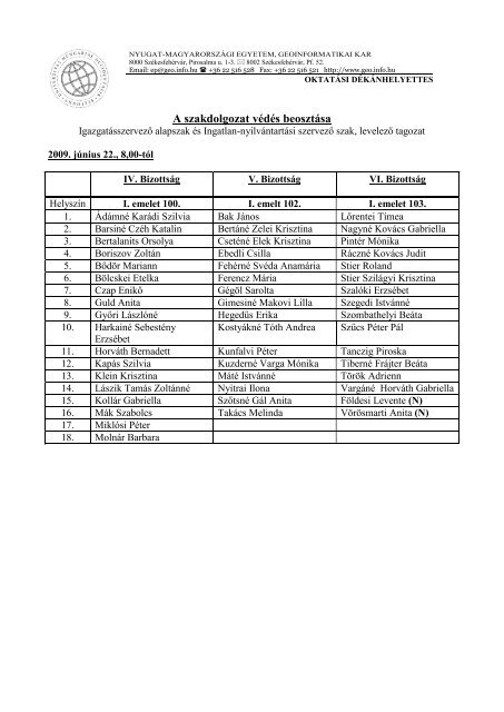 A szakdolgozat védés beosztása