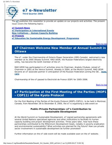 Q3 2005 e7 e-Newsletter - Global Sustainable Electricity Partnership