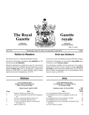 Gazette royale - Gouvernement du Nouveau-Brunswick