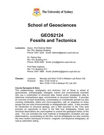 School of Geosciences GEOS2124 Fossils and Tectonics