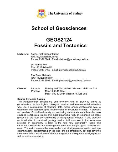 School of Geosciences GEOS2124 Fossils and Tectonics