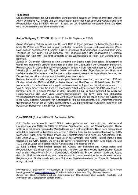 Newsletter 10/2006 - Geologische Bundesanstalt