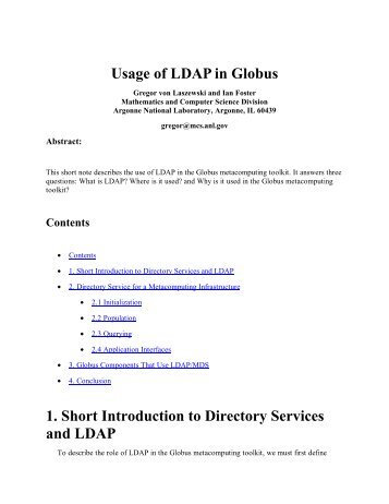 Usage of LDAP in Globus 1. Short Introduction to Directory Services ...