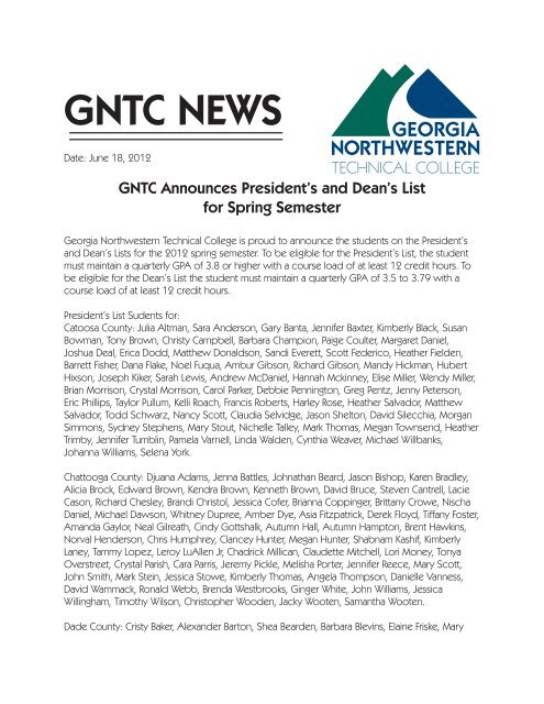 GNTC Presidents and Deans List Spring 2012.indd - Georgia ...