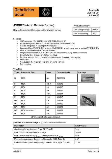 GehrTec® Avorec - Datasheet - Gehrlicher Solar AG