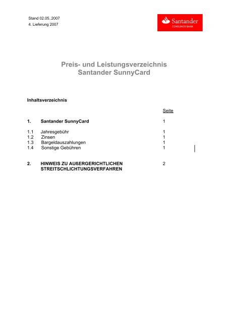 Preis Und Leistungsverzeichnis Santander Sunnycard Germany Ru