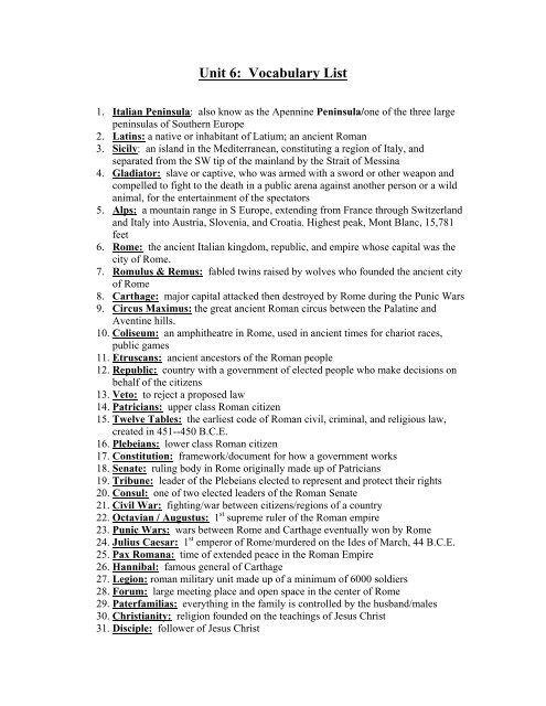 Unit 6: Vocabulary List