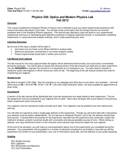 Physics 226: Optics and Modern Physics Lab Fall 2012