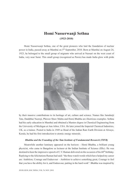 Homi Nusserwanji Sethna - Geological Society of India