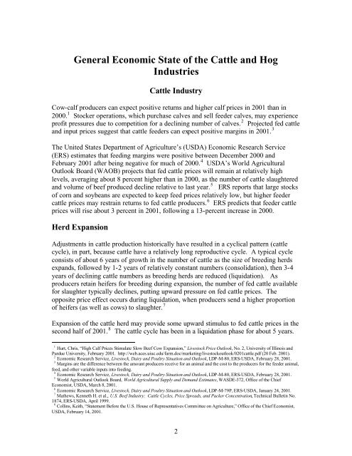 Assessment of the Cattle and Hog Industries Calendar Year 2000