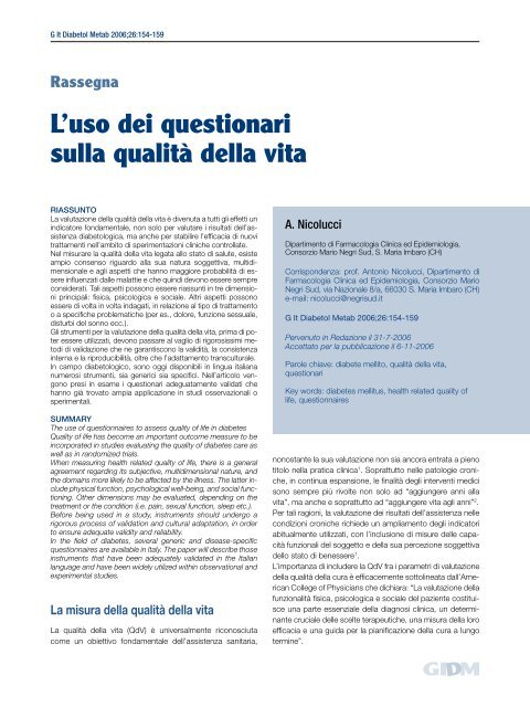 L'uso dei questionari sulla qualità della vita - Giornale Italiano di ...